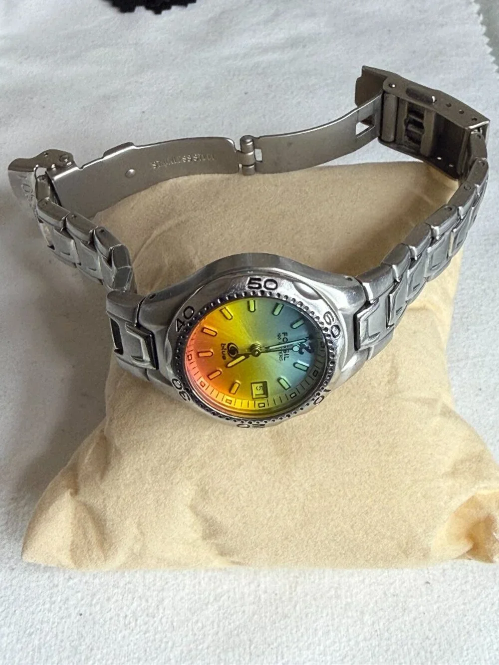 RARE Vintage Fossil Blue AM3546 Watch - Y2K Rainbow Iridescent Dial - 100M